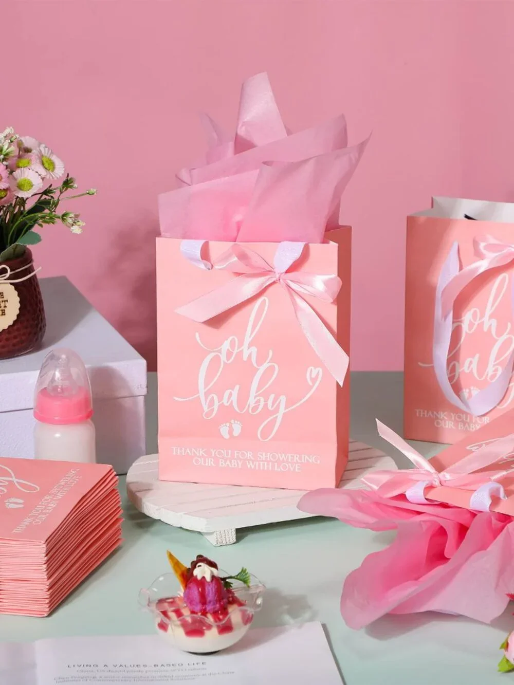 10 Pink Baby Shower Gift Bags with Tissue and Ties - 8.26x5.91x3.15 Inches